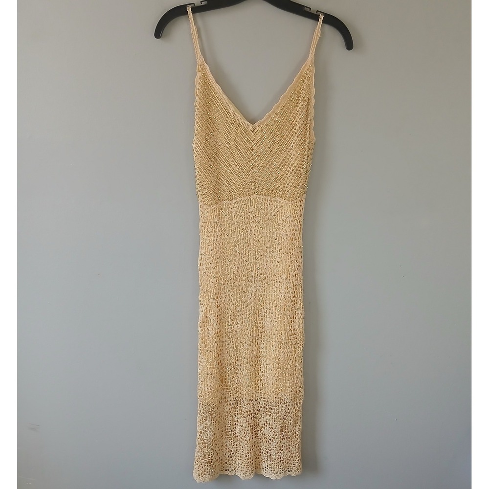 Joanna Women's Size L/XL Vintage 1990's Crochet Beaded Midi Dress Handmade Gold